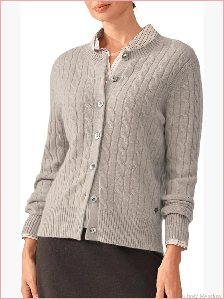 100% Cashmere Cable-Knit Crewneck Cardigan